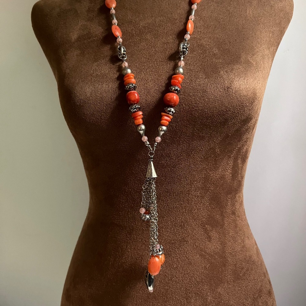 Chico's Orange Coral Silver Tone Tassel Beaded Statement Necklace Size 30-34 in